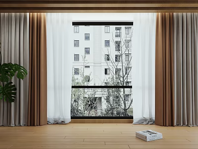 Elegant Beige And White Linen Curtains For Window With Wooden Floor And Outdoor View 3d model