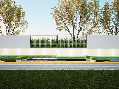 Scenic Wall Design Featuring Grille Pattern Green Lawn And Surrounding Trees 3d model