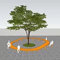 Yellow Circular Outdoor Chair Around Tree With Paved Ground And People Sitting