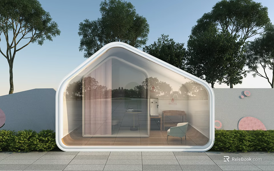 Modern Transparent Cabin Design with Glass Walls Trees and Interior Table Chair 3d model 