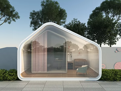 Modern Transparent Cabin Design with Glass Walls Trees and Interior Table Chair 3d model