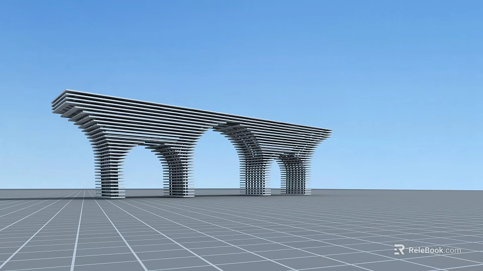 Modern Architectural Entrance Gate With Arched Striped Structures Blue Sky And Grid Floor 3d model 