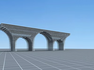 Modern Architectural Entrance Gate With Arched Striped Structures Blue Sky And Grid Floor 3d model