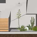 Indoor Staircase Space With Wooden Steps White Railings And Cacti Plants