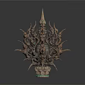 Intricate Bronze Metal Furniture Sculpture With Spiked Decorations And Green Accents