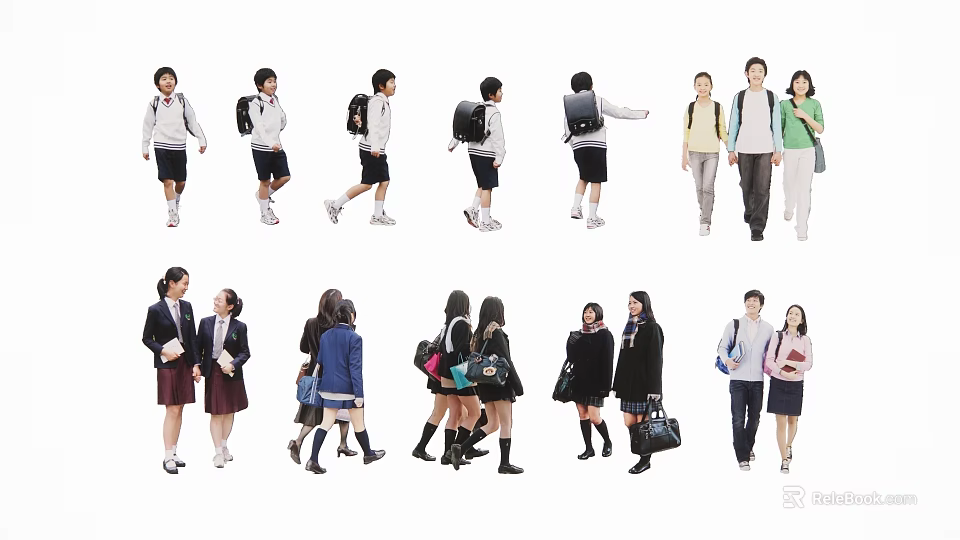 Group of Diverse People Wearing Different Outfits School Uniforms Backpacks and Casual Clothes 3d model 