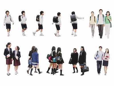 Group of Diverse People Wearing Different Outfits School Uniforms Backpacks and Casual Clothes 3d model