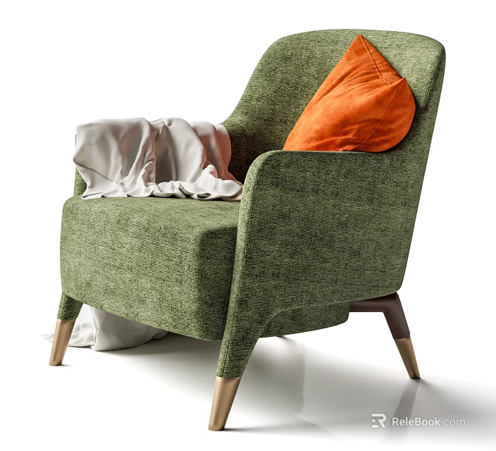 Green Accent Chair With Orange Pillow Gray Blanket And Wooden Legs Modern Design 3d model 
