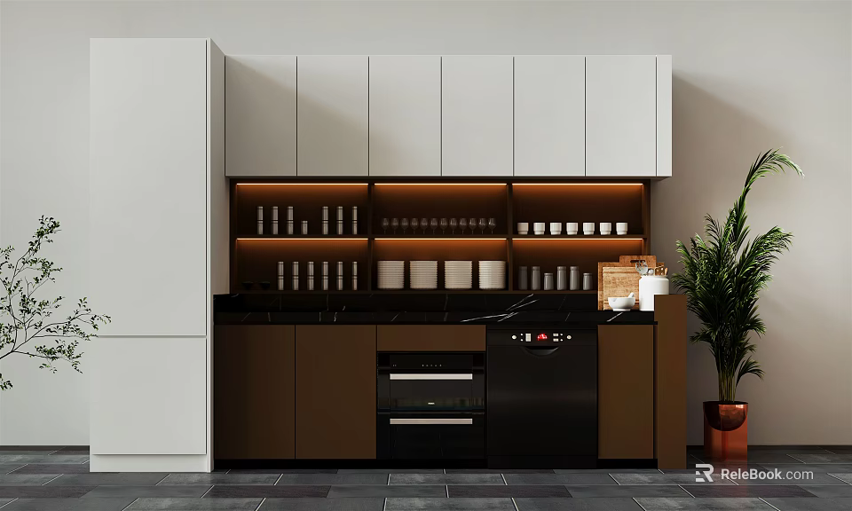 Modern Kitchen Interior With White Brown Cabinets Black Marble Countertop And Under Cabinet Lighting 3d model 