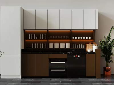 Modern Kitchen Interior With White Brown Cabinets Black Marble Countertop And Under Cabinet Lighting 3d model