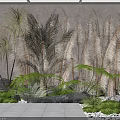 Indoor Plant Arrangement With Tall Reed Like Plants Ferns Low Greenery And Stone Elements