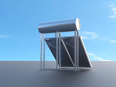 Solar Water Heater System With Black Panel And Silver Storage Tank Under Blue Sky 3d model