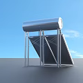 Solar Water Heater System With Black Panel And Silver Storage Tank Under Blue Sky