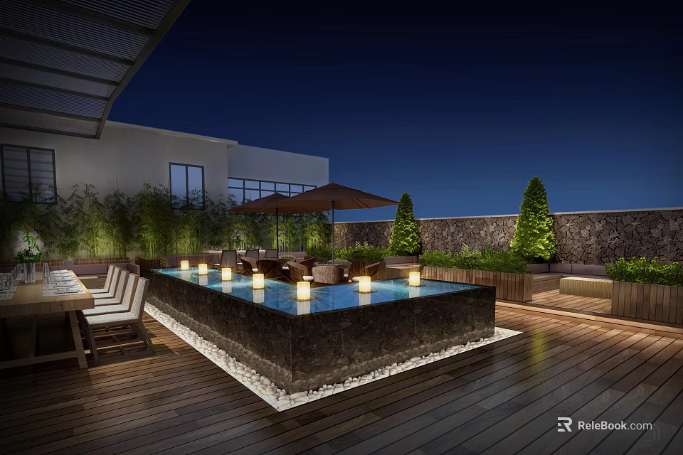 Elegant Restaurant Outdoor Terrace With Pool Lights Dining Tables Green Plants And Night Sky 3d model 