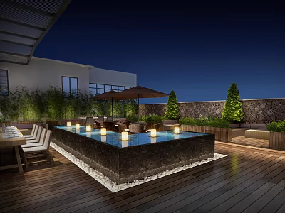 Elegant Restaurant Outdoor Terrace With Pool Lights Dining Tables Green Plants And Night Sky 3d model