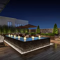 Elegant Restaurant Outdoor Terrace With Pool Lights Dining Tables Green Plants And Night Sky