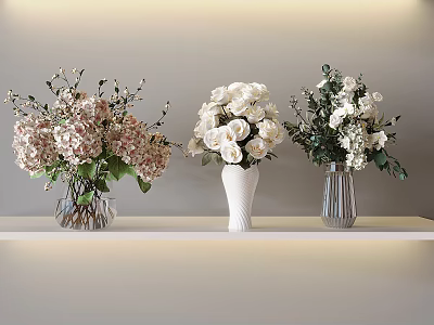 Three Vases With Different Flowers On White Shelf Against Light Colored Wall 3d model