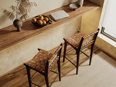 Natural Bar Counter With Wooden Top Woven Stools Fruit Bowl Notebook And Potted Plant 3d model