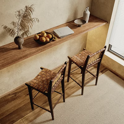 Natural Bar Counter With Wooden Top Woven Stools Fruit Bowl Notebook And Potted Plant 3d model