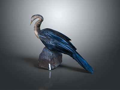 Flying Animal Bird Sculpture with Blue Brown Feathers Perched on Rock Against Gray Background 3d model