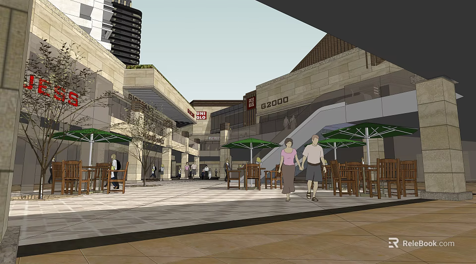 Outdoor Commercial Street With Tables Chairs Green Umbrellas And Pedestrians 3d model 