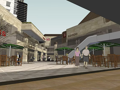 Outdoor Commercial Street With Tables Chairs Green Umbrellas And Pedestrians 3d model