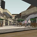Outdoor Commercial Street With Tables Chairs Green Umbrellas And Pedestrians