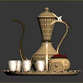 Ornate Golden Engraved Tea Set With Teapot Small Cups Red Lid Container On Tray