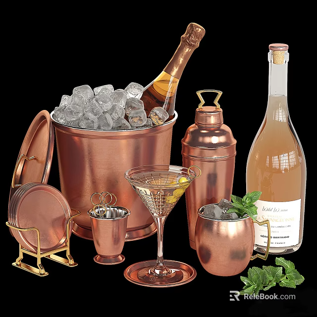 Wine Bottles And Cocktail Glasses With Copper Ice Bucket Shaker And Fresh Garnishes 3d model 