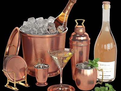 Wine Bottles And Cocktail Glasses With Copper Ice Bucket Shaker And Fresh Garnishes 3d model