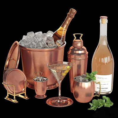 Wine Bottles And Cocktail Glasses With Copper Ice Bucket Shaker And Fresh Garnishes 3d model