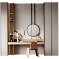 Elegant Modern Dressing Table Interior With Wooden Shelves Round Mirror Marble Backdrop And Chair