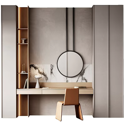 Elegant Modern Dressing Table Interior With Wooden Shelves Round Mirror Marble Backdrop And Chair 3d model