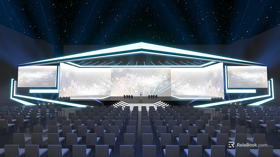 Modern Conference Hall with Starry Sky Background Large Screens Stage and Audience Seats 3d model 