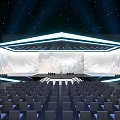 Modern Conference Hall with Starry Sky Background Large Screens Stage and Audience Seats