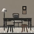 Black Desk With Chair Laptop Two Stools Floor Lamp Framed Artworks And Rug