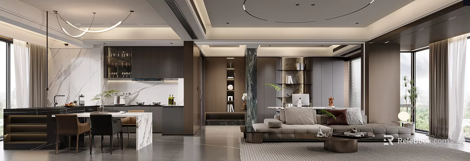 Modern Open Concept Dining and Living Room Interior Design With Marble Sofa Dining Table And Lighting 3d model 