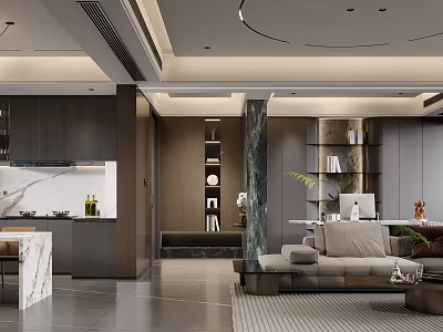 Modern Open Concept Dining and Living Room Interior Design With Marble Sofa Dining Table And Lighting 3d model