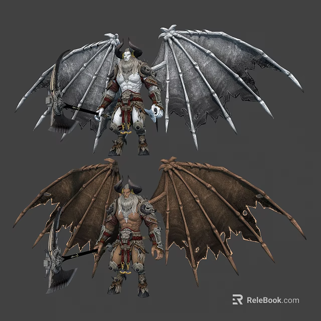 Warrior Characters With Metallic And Leather Creature Wings Holding Battle Axes 3d model 