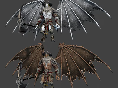 Warrior Characters With Metallic And Leather Creature Wings Holding Battle Axes 3d model