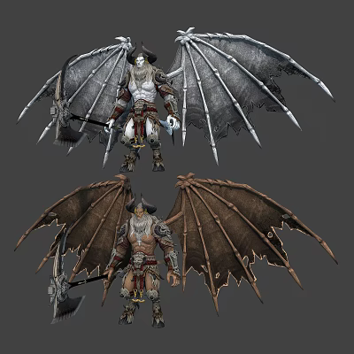Warrior Characters With Metallic And Leather Creature Wings Holding Battle Axes 3d model