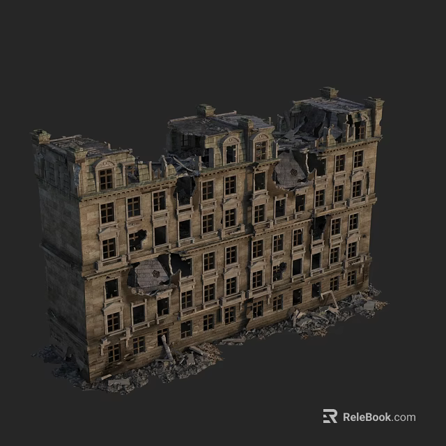 Ruined Multi Story Building With Shattered Windows Collapsed Walls And Debris 3d model 