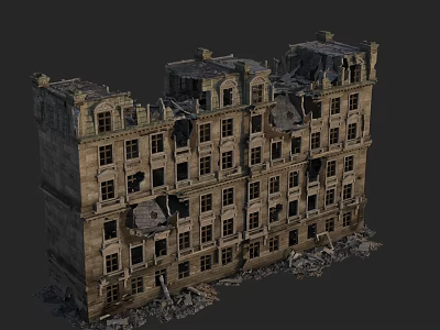 Ruined Multi Story Building With Shattered Windows Collapsed Walls And Debris 3d model