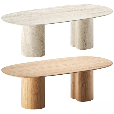 Modern Table Chair Set With Oval Top Cylindrical Legs Two Tone Wood Marble Design 3d model