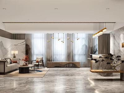 Elegant Modern Leisure Area With Comfortable Sofa Accent Chairs Marble Coffee Table And Pendant Lights 3d model