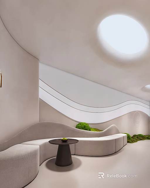 Modern Stylish Lounge Area Interior With Curved Sofa Skylight And Green Plants 3d model 