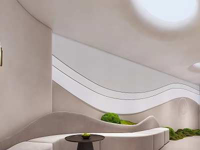 Modern Stylish Lounge Area Interior With Curved Sofa Skylight And Green Plants 3d model