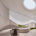 Modern Stylish Lounge Area Interior With Curved Sofa Skylight And Green Plants