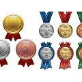 Gold Silver Bronze Trophies and Medals with Number 1 2 3 and Colored Ribbons