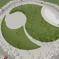 Open Square Landscape With Green Lawn Trees And Geometric Paved Ground Under Blue Sky